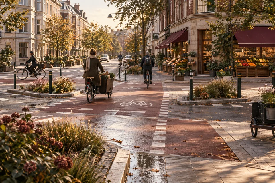AI illustration of an everyday Copenhagen-style bicycle journey, not a photograph of a measured route