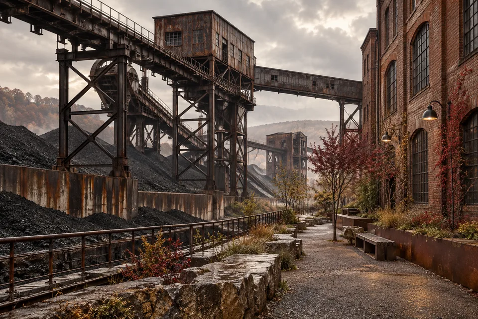 AI architectural interpretation of preserved industrial structures, not a documentary photograph of Zollverein