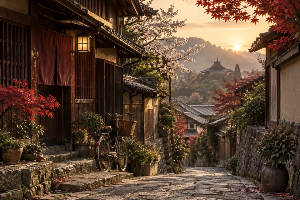 AI editorial interpretation of a Kyoto residential street, not documentary evidence of a specific neighborhood