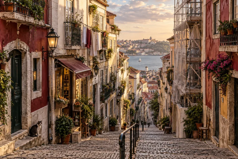 AI architectural illustration of Lisbon-style residential buildings, not a photograph of a particular household or listing