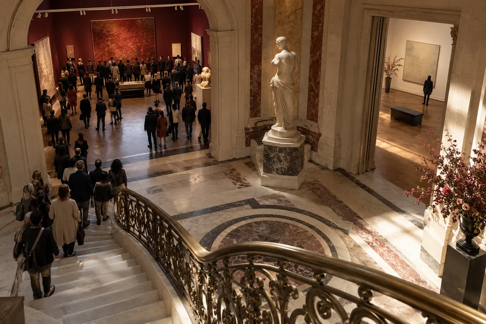 AI conceptual illustration of visitors and museum sightlines, not a photograph of a real queue or artwork