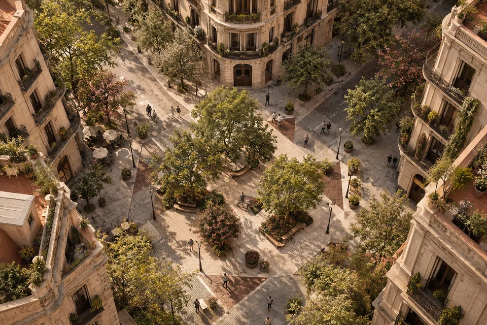 AI architectural interpretation of a Barcelona-style green street, not a photograph or official project rendering